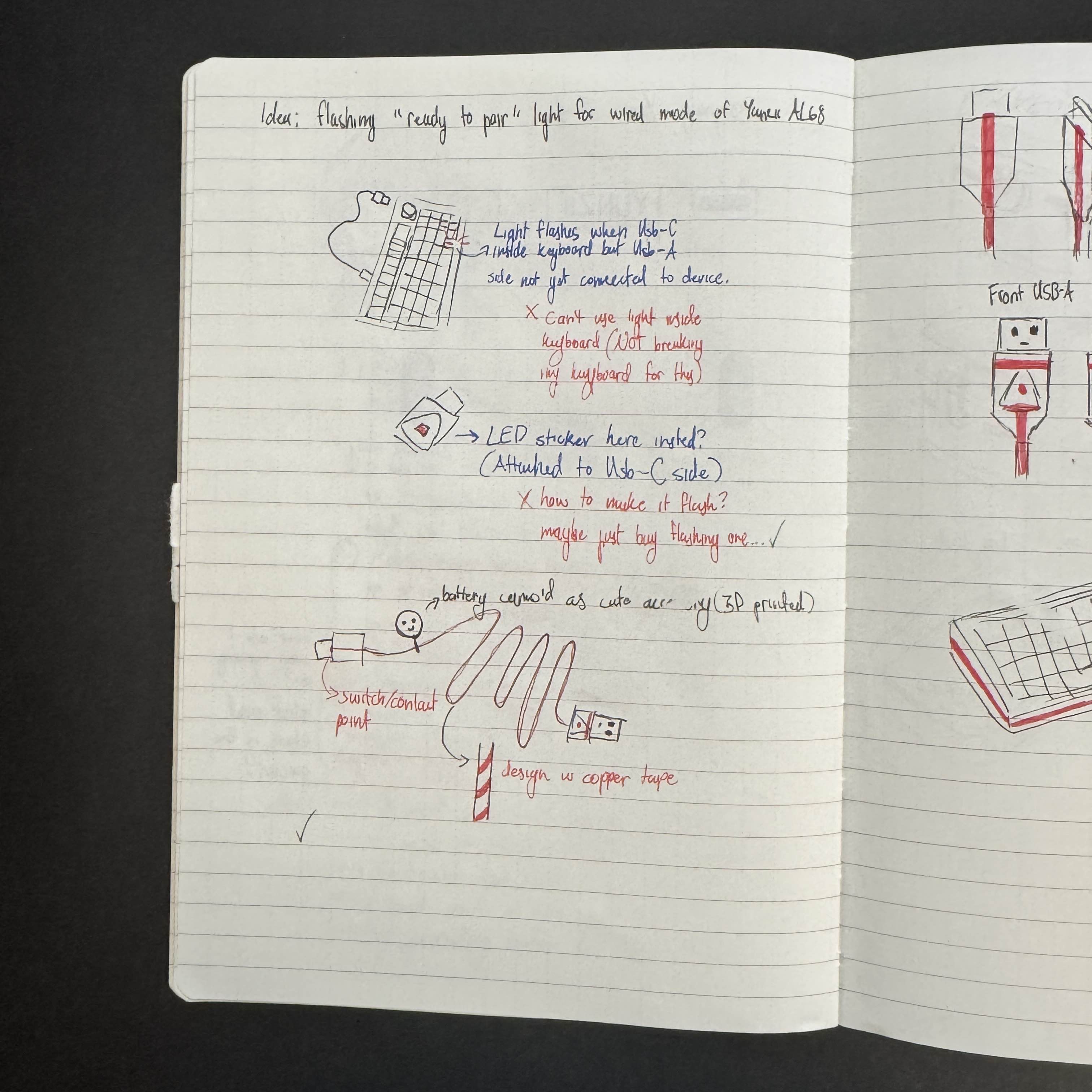 After some thought and drafting, I landed on the idea of putting the flash LED indicator onto the USB-A head, wrapping the copper tape in a spiral along the cord, making the battery look pretty by camouflaging it as a cute accessory/charm, and keeping the USB-C head as the switch (but with a different method).