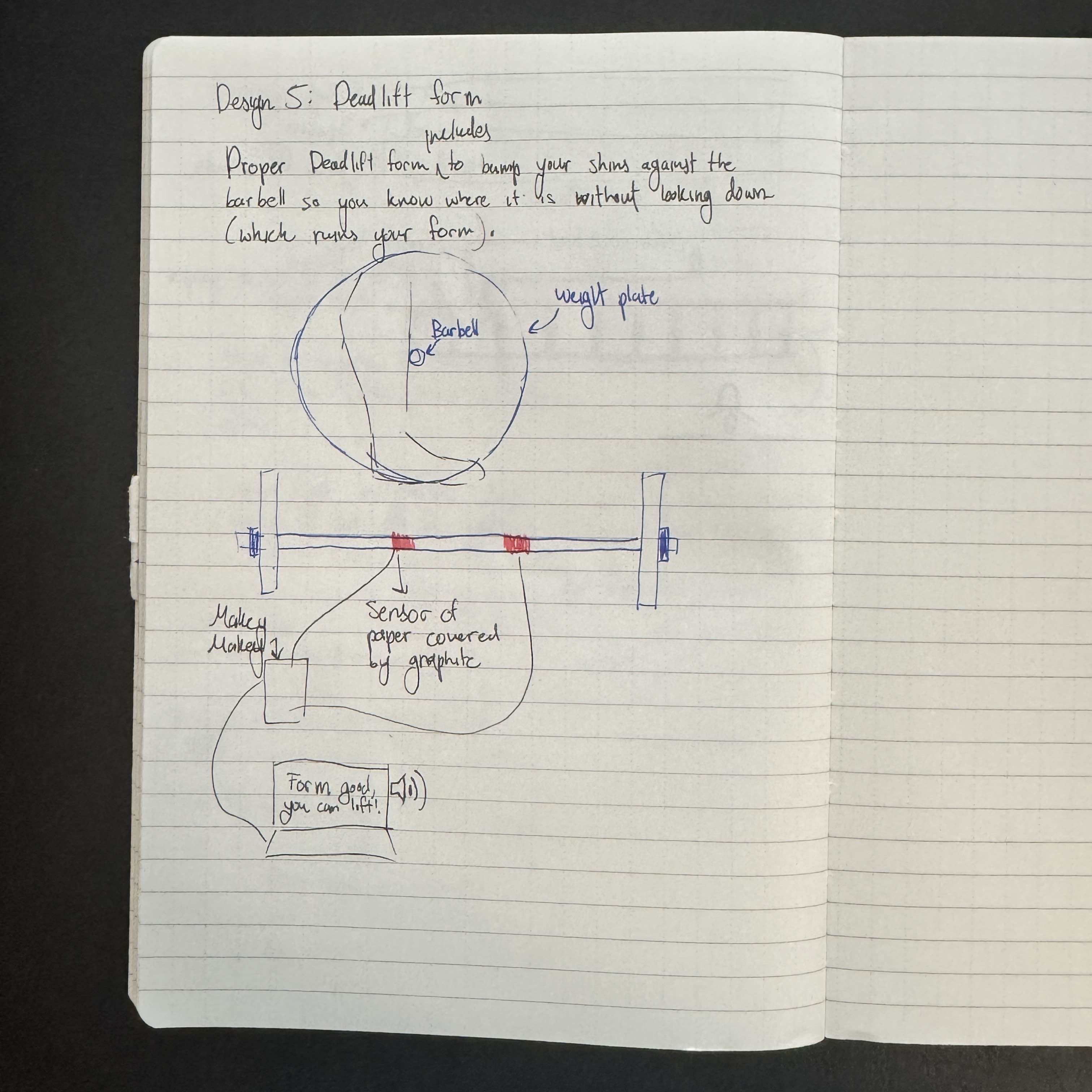 Through all my ideation, I've been focusing on &ldquo;contact points&rdquo; since those points of contact are opportunities to add circuit switches which create interaction. While I don't weightlift much anymore, I still have a lot of interst in it and my favorite lifts is the deadlift. I wanted to see if I could design a circuit to do a &ldquo;form check&rdquo; since I always noticed my friends having a hard time remembering this aspect of the lift's form.
