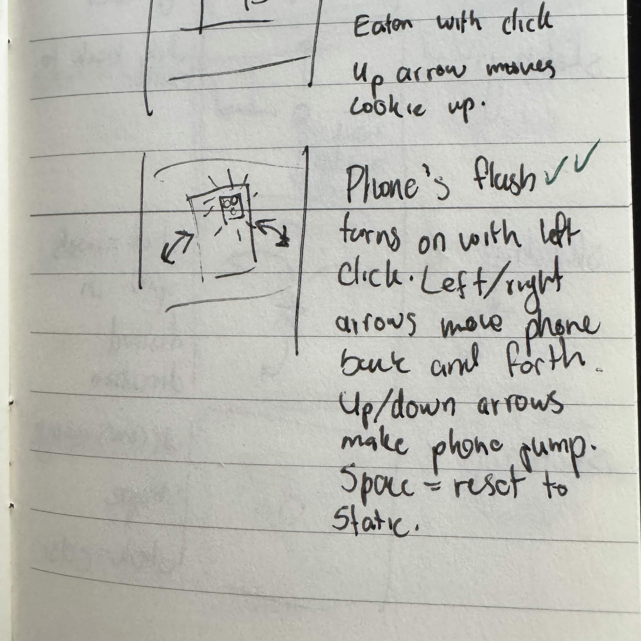 My ninth and last idea was to make a phone flash concert simulator. It would turn on the flash with left click. Left and right arrows would move the phone back and forth in a swaying motion, and up and down arrows would make the phone jump.