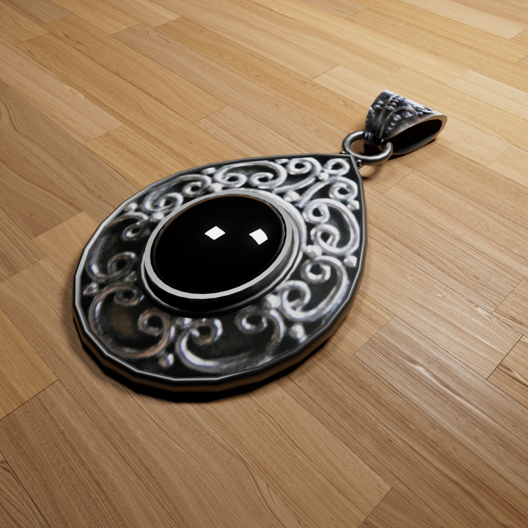 Final render of the pendant with material settings changed. By using materials, I didn't have to model every detail in the pendant!