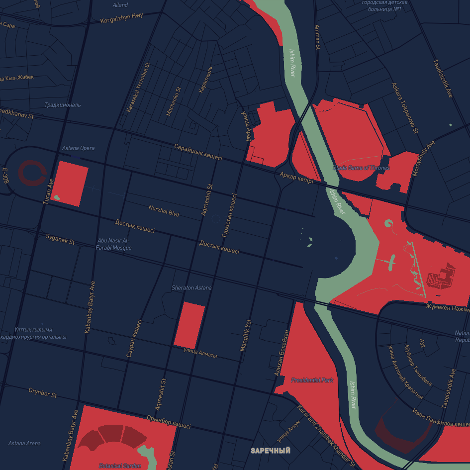 Muted and vibrant colors. I like the contrast here but the roads could be lighter.