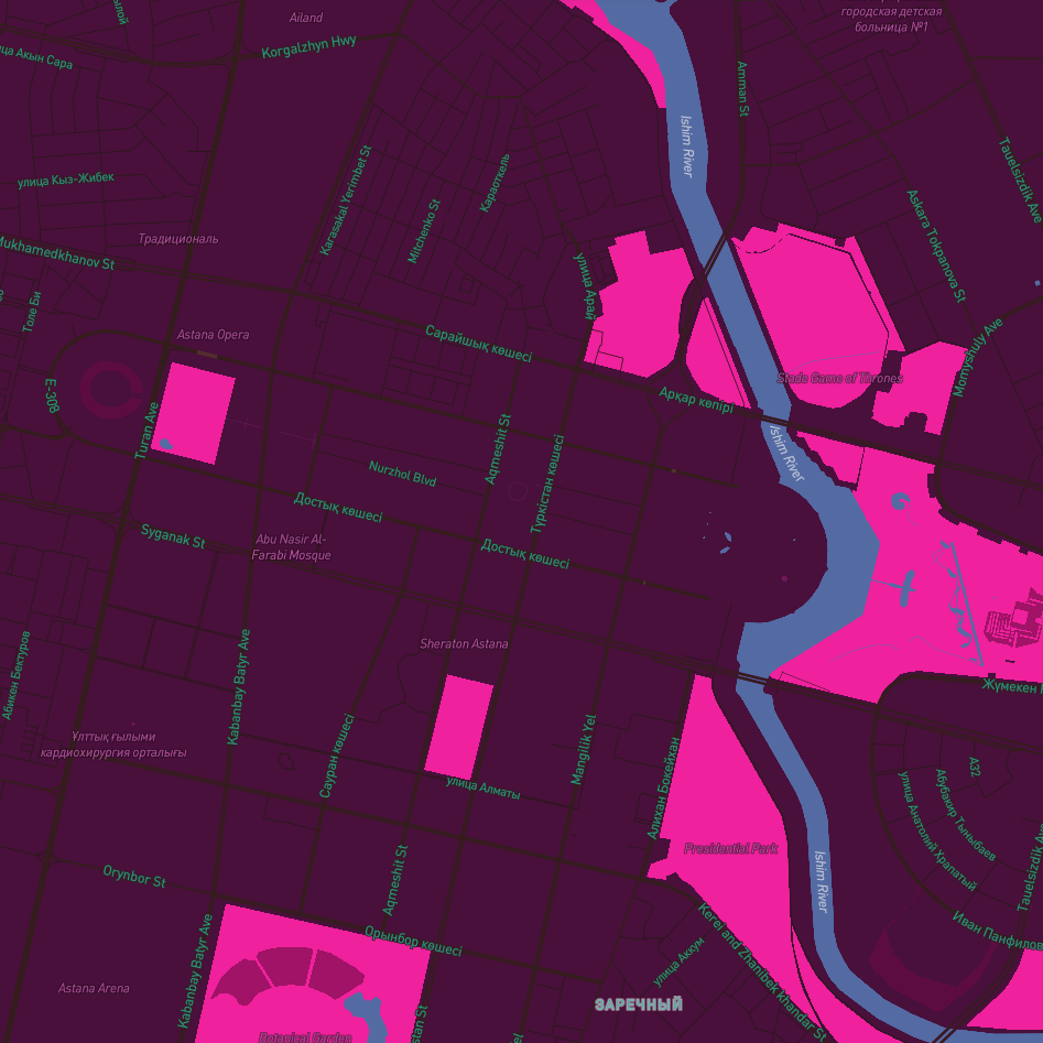 Tried an all-pink neon scheme. It doesn't look terrible but I should've made the roads lighter.