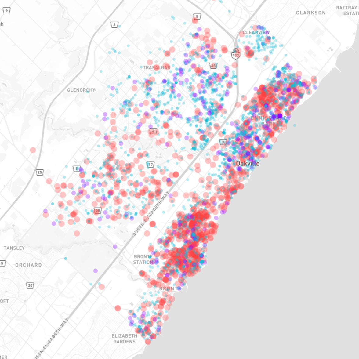 Changed the color scheme to blue, purple, and red. Blue is sightings, purple is approachings, and red is encounters. Blue represents the most safe interaction, while red represents the most dangerous interaction, purple represents more danger, and red represents the most danger. Removed the outlines around the dots.
