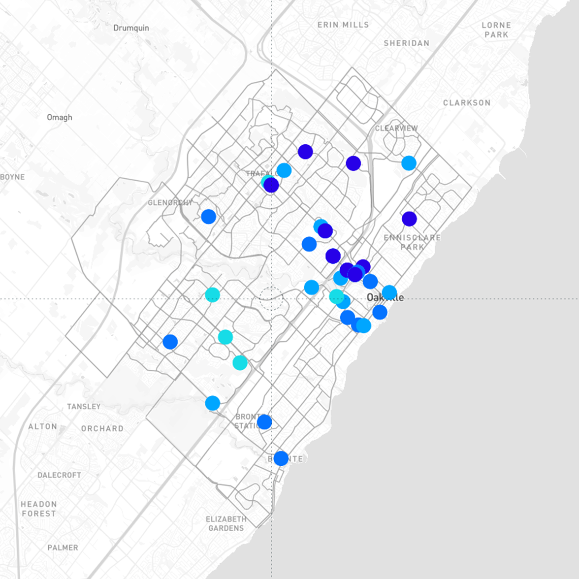 Following the bivariate data tutorial: cycling routes and bike thefts in Oakville. I decided to go with a light to dark blue scheme. The lighter the blue, the earlier in the year the theft occured.