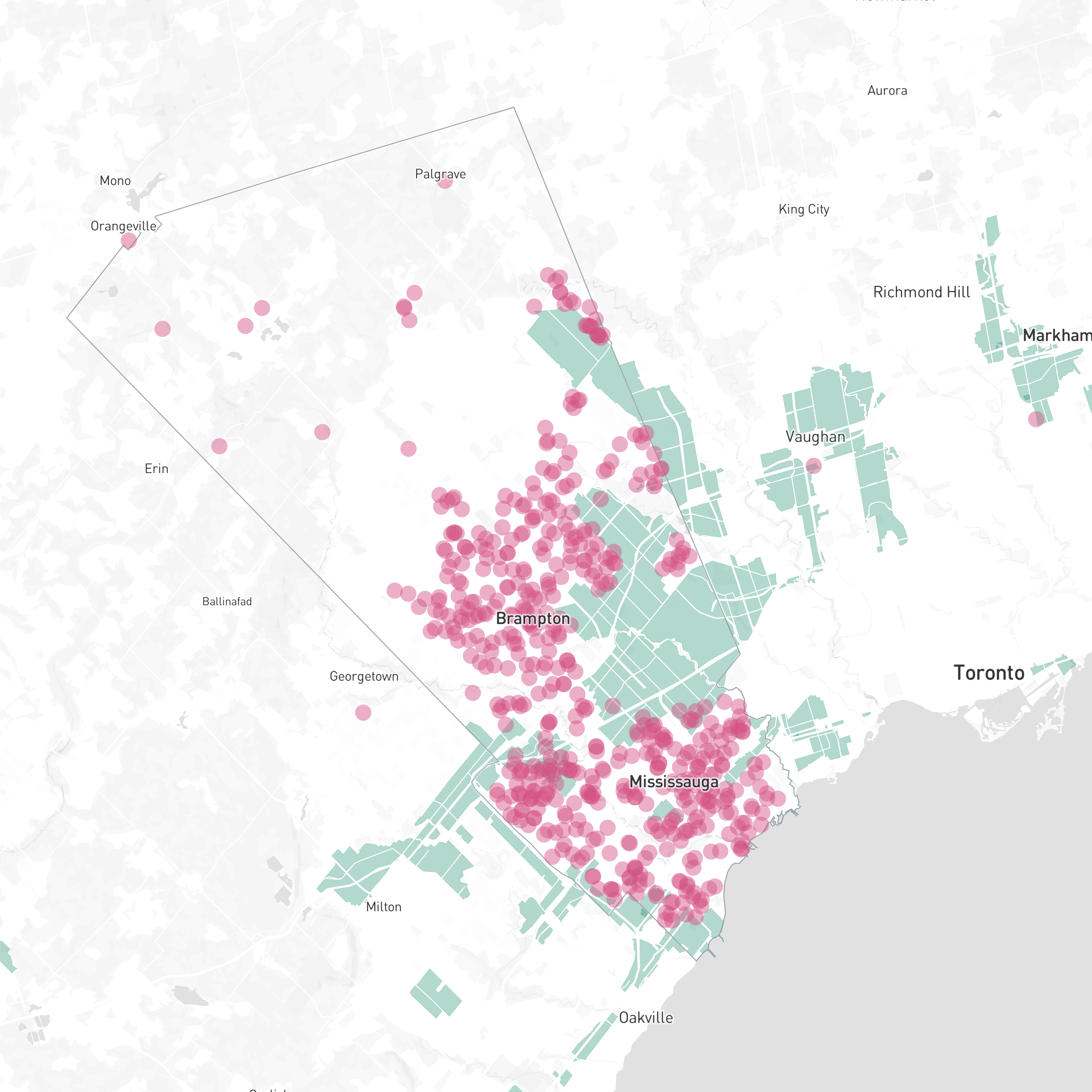 My final design illustrates the provincially significant employment zones and child care centres in the Peel Region. Employment zones are represented by a turquoise-y, teal-y color (to avoid confusion with greenspace or water bodies) and child care centres are represented by magenta dots. The Peel Region is delineated with a gray border. The stark borders between the zones and care centres are obvious and illustrate the lack of choice parents might face when choosing child care locations, particularly for those in more rural or less populated areas.